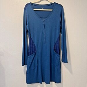 Horny Toad Size-M Rooney Dress Long Sleeve Pocket Front Blue